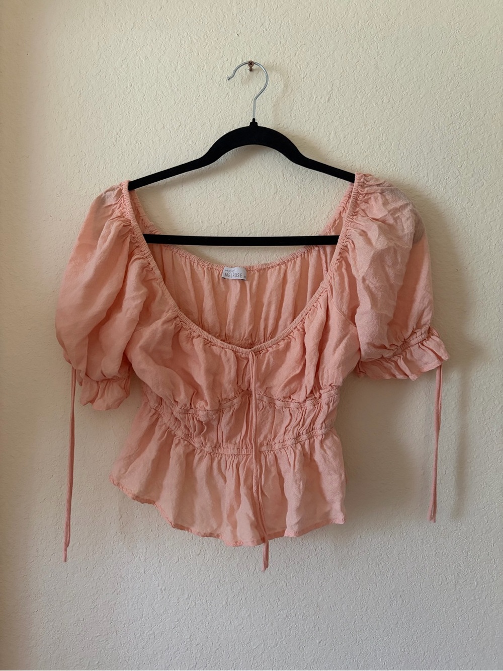 Peach Puff-Sleeve Smocked Waist Blouse